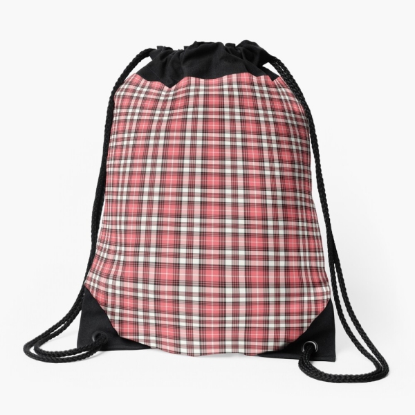 Coral pink, black, and white plaid drawstring bag