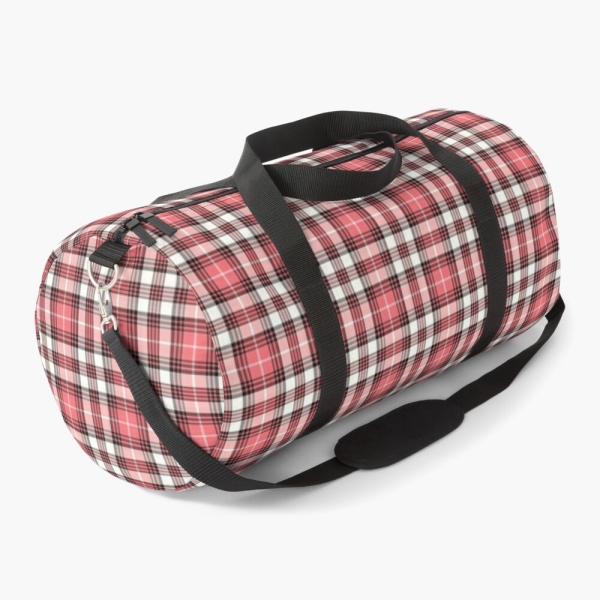 Coral pink, black, and white plaid duffle bag