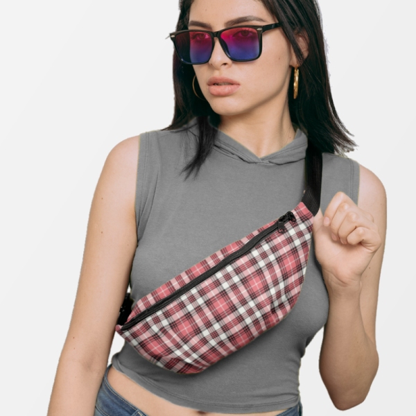 Coral Pink, Black and White Plaid Fanny Pack