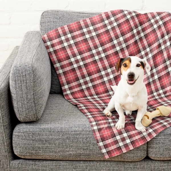 Coral pink, black, and white plaid pet blanket