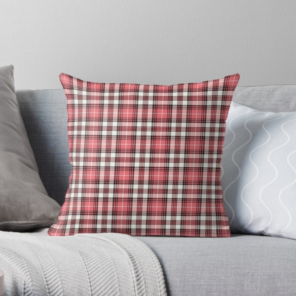 Coral pink, black, and white plaid throw pillow