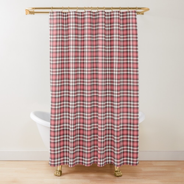 Coral pink, black, and white plaid shower curtain