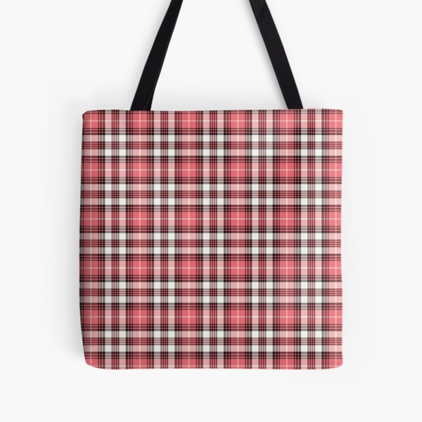 Coral pink, black, and white plaid tote bag