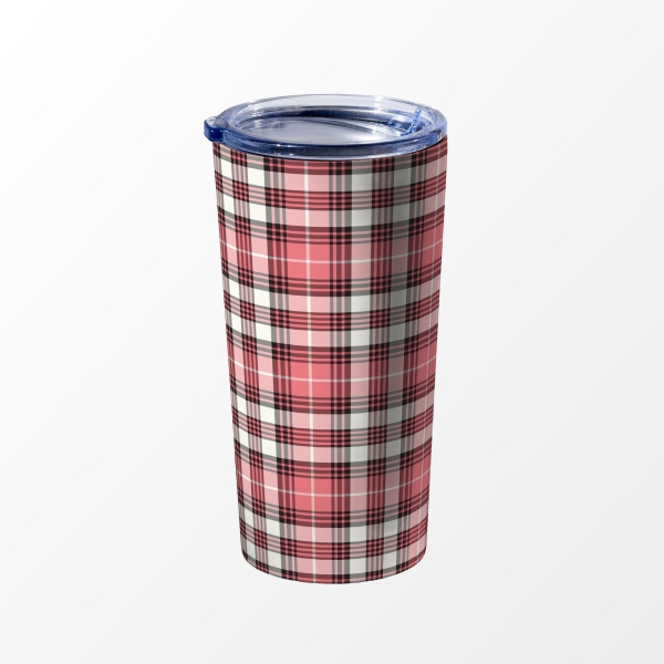 Coral pink, black and white plaid travel mug