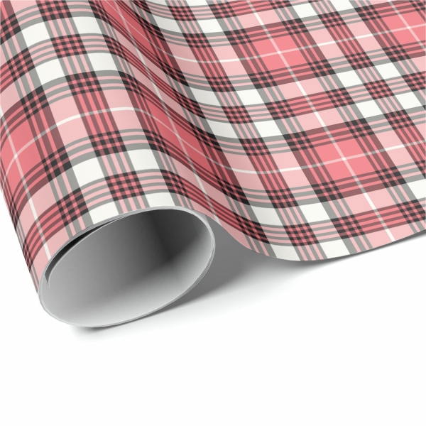 Coral pink, black, and white plaid wrapping paper