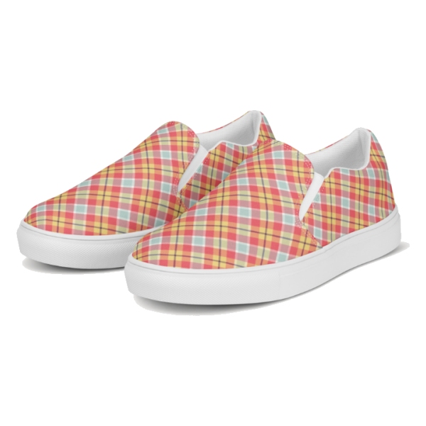Coral pink and yellow plaid women's slip-on shoes