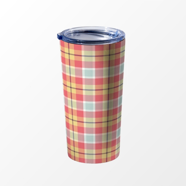 Coral pink, yellow, and mint green plaid travel mug