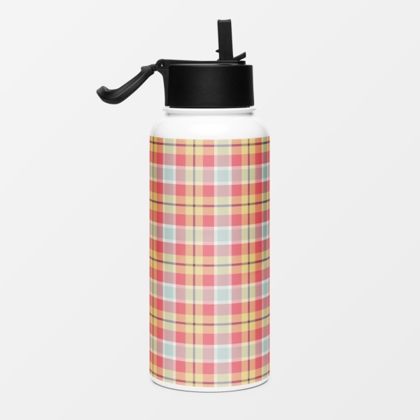 Coral pink, yellow, and mint green plaid water jug