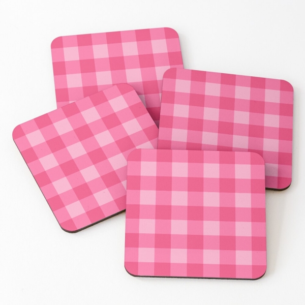Bright pink checkered plaid beverage coasters