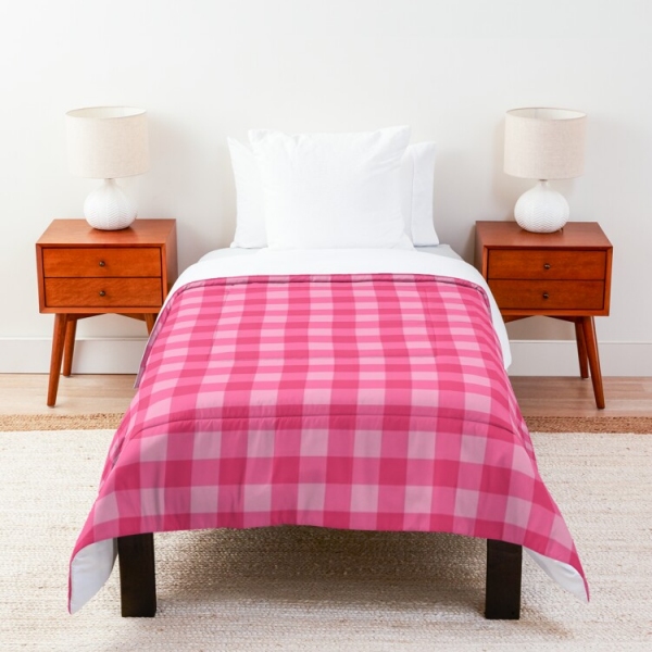 Bright pink checkered plaid comforter