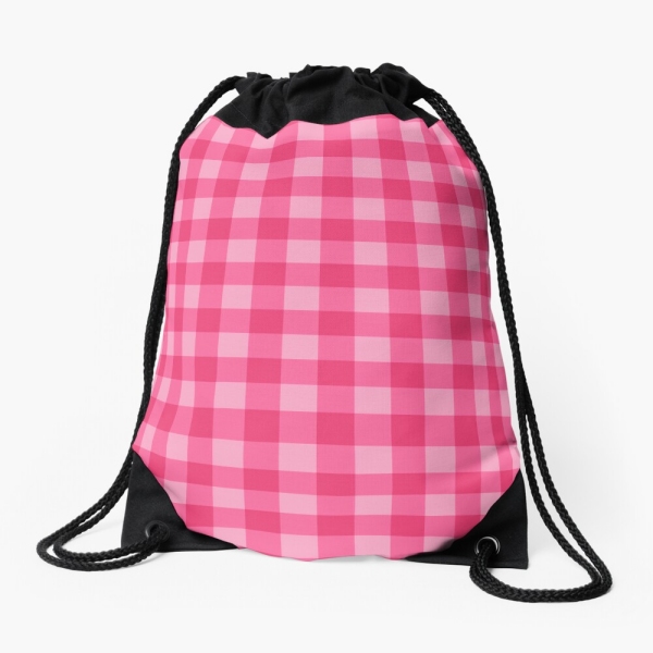 Bright pink checkered plaid drawstring bag