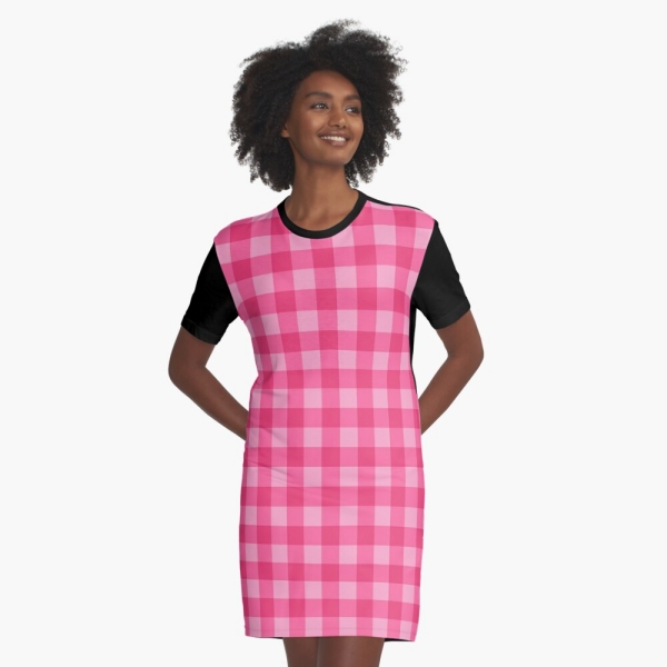 Bright pink checkered plaid tee shirt dress