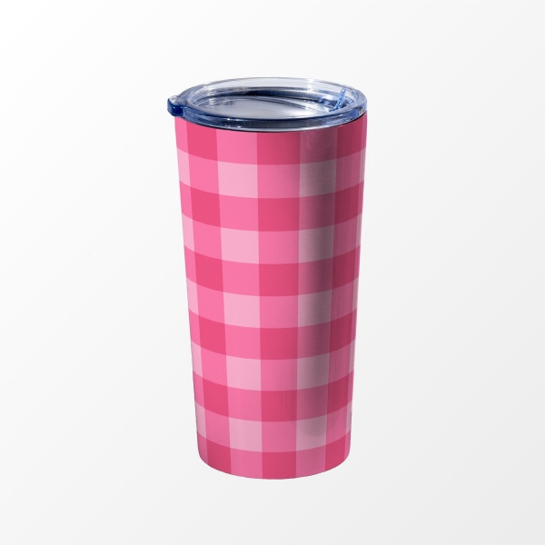 Bright pink checkered plaid travel mug