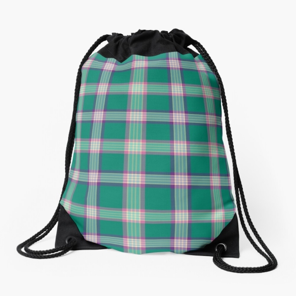 Emerald green and purple plaid drawstring bag