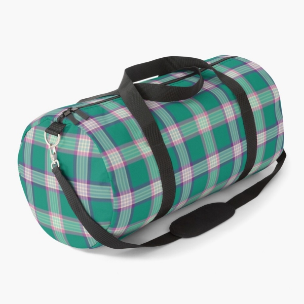 Emerald green and purple plaid duffle bag