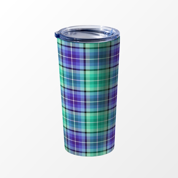 Bright green and purple plaid travel mug