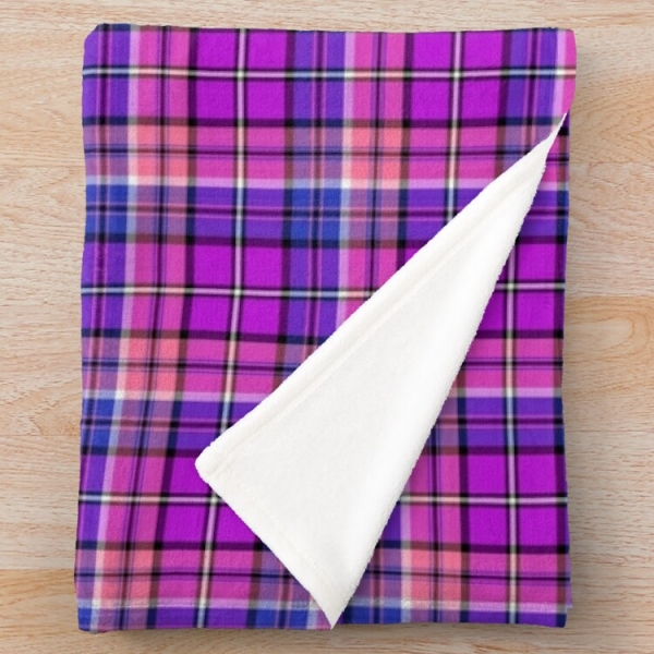 Bright purple, blue, and pink plaid fleece throw blanket