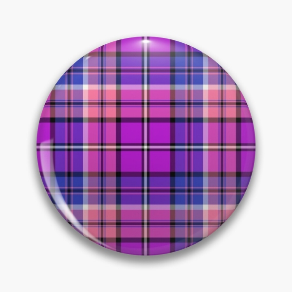 Bright purple, blue, and pink plaid pinback button