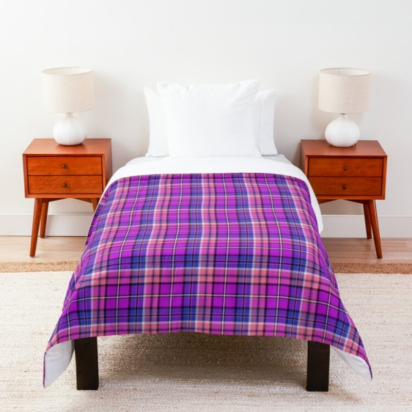 Bright purple, blue, and pink plaid comforter