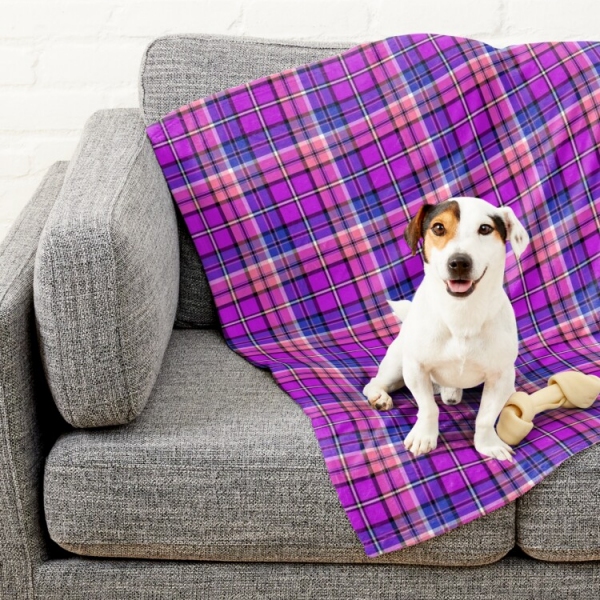 Bright purple, blue, and pink plaid pet blanket