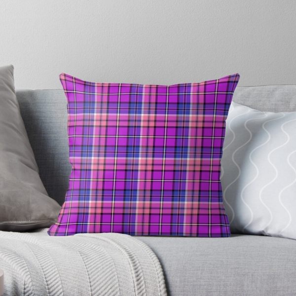 Bright purple, blue, and pink plaid throw pillow