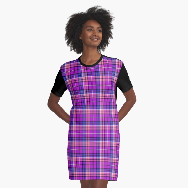 Bright purple, blue, and pink plaid tee shirt dress