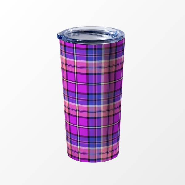 Bright purple, blue, and pink plaid travel mug