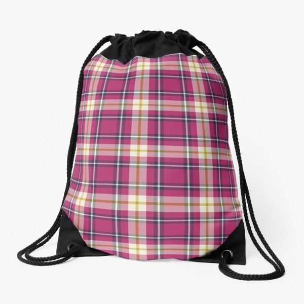 Hot pink and navy blue plaid drawstring bag