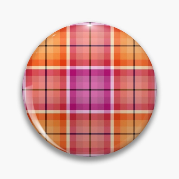 Bright orange and pink plaid pinback button