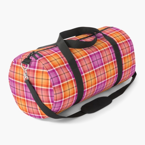 Bright orange and pink plaid duffle bag