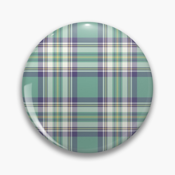 Light green, purple, and yellow plaid pinback button