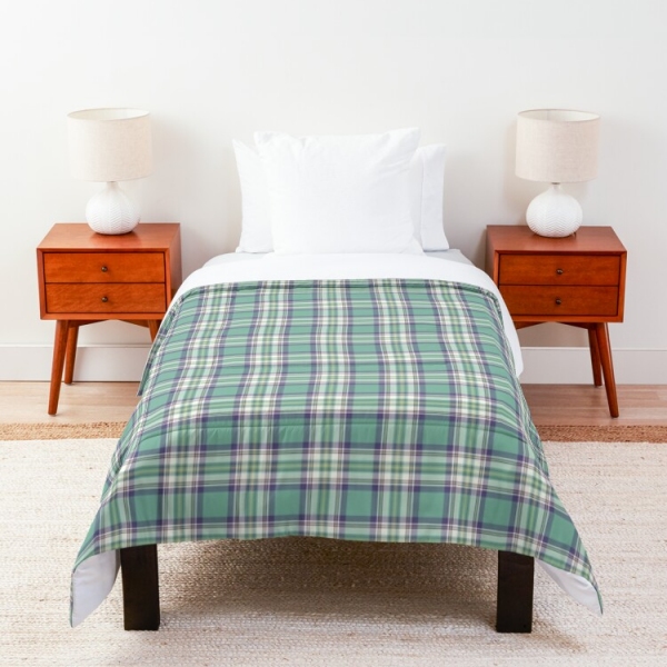 Light green, purple, and yellow plaid comforter