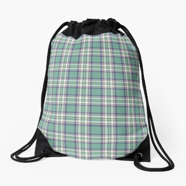 Light green, purple, and yellow plaid drawstring bag