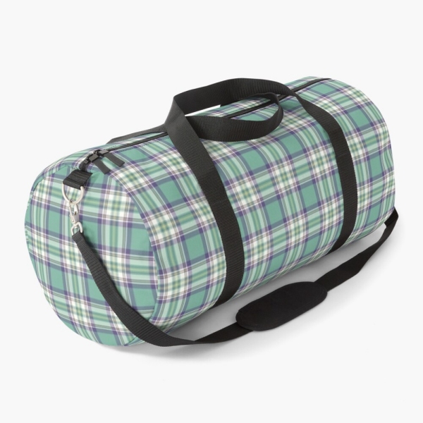 Light green, purple, and yellow plaid duffle bag