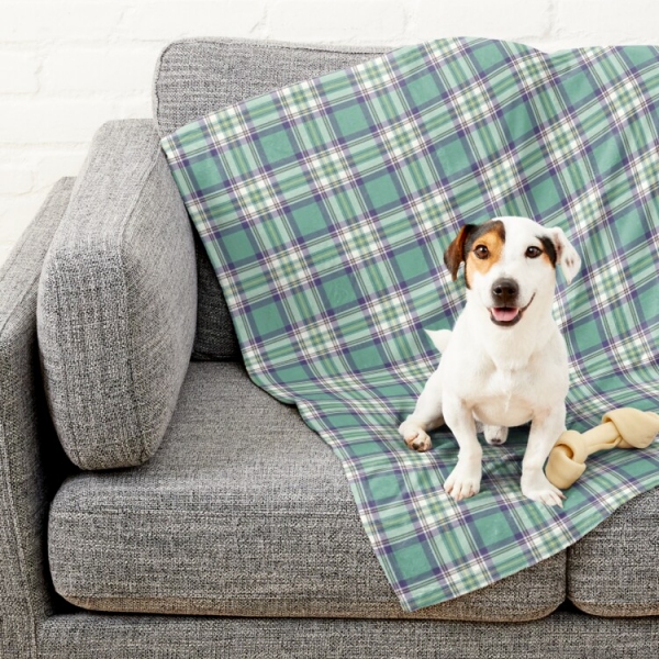 Light green, purple, and yellow plaid pet blanket