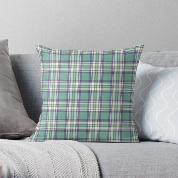 Light green, purple, and yellow plaid throw pillow