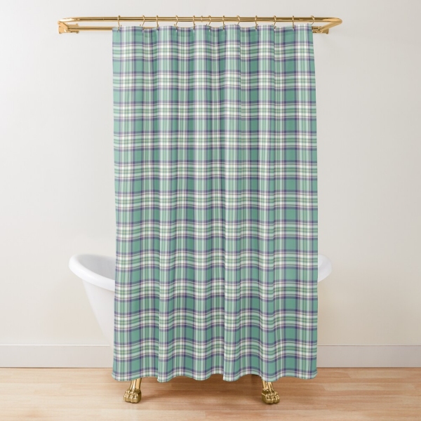 Light green, purple, and yellow plaid shower curtain