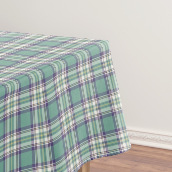 Light green, purple, and yellow plaid tablecloth