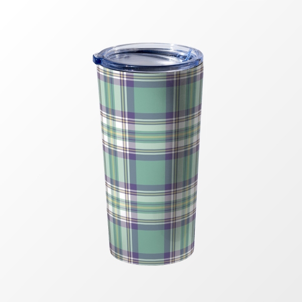 Light green, purple, and yellow plaid travel mug