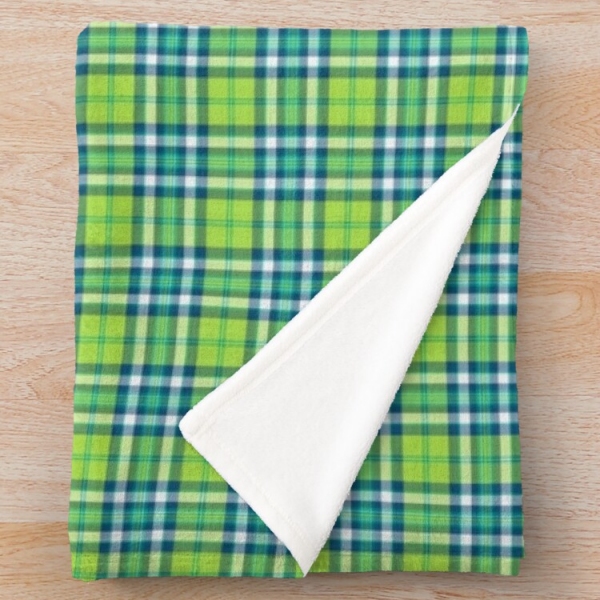 Lime green and turquoise plaid fleece throw blanket