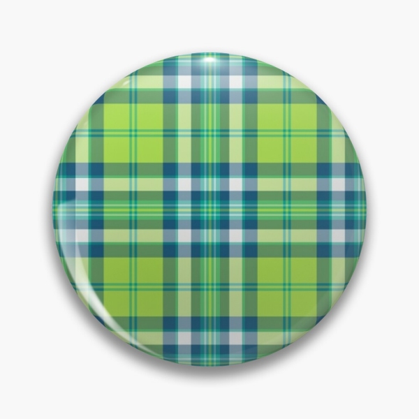 Lime green and turquoise plaid pinback button