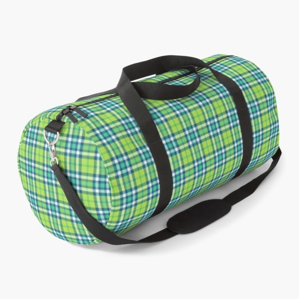 Lime green and turquoise plaid duffle bag