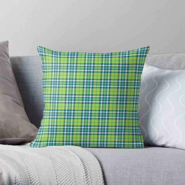 Lime green and turquoise plaid throw pillow