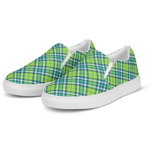 Lime green and turquoise plaid men's slip-on shoes