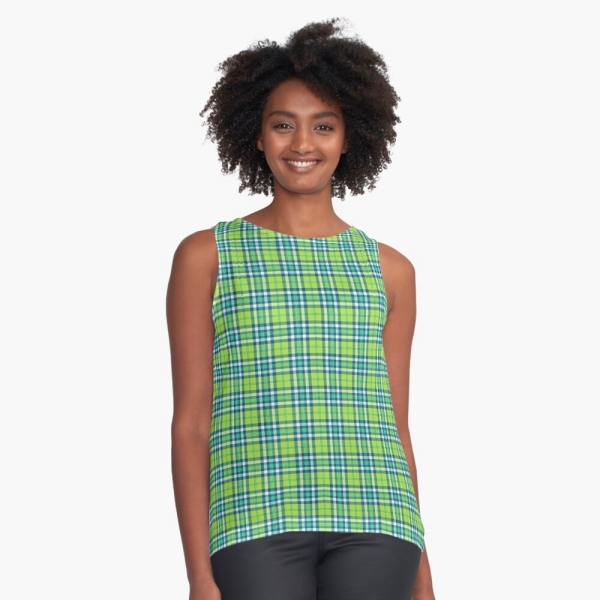 Lime green and turquoise plaid sleeveless top