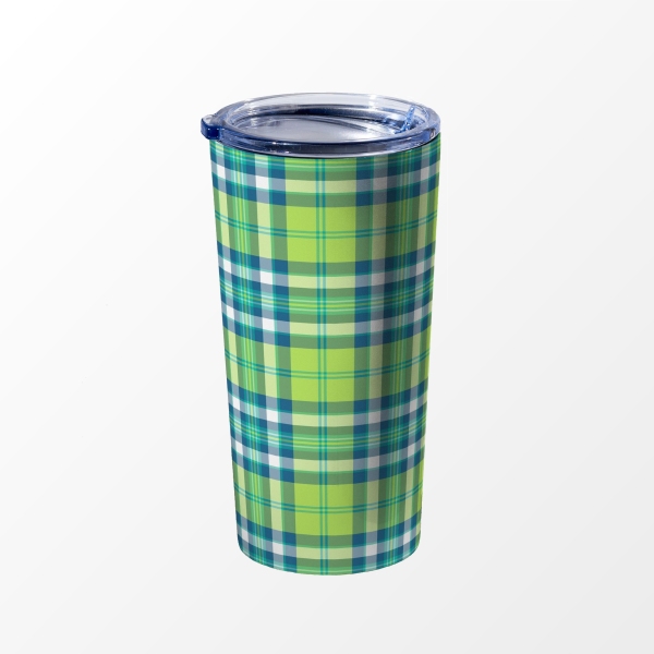 Lime green and turquoise plaid travel mug