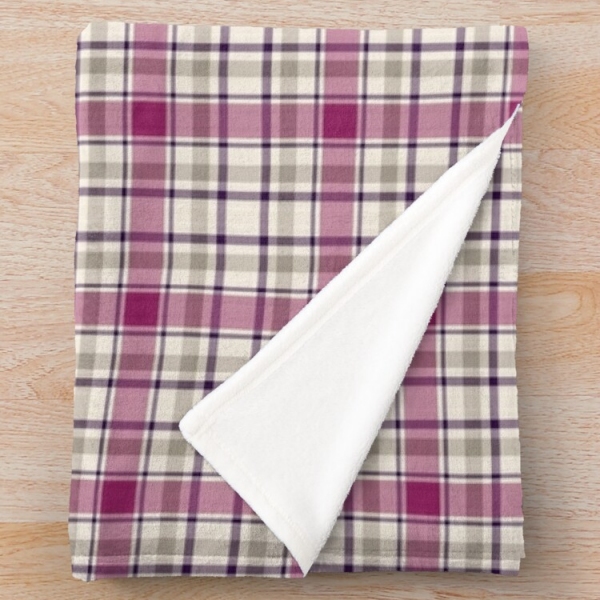 Magenta and gray plaid fleece throw blanket