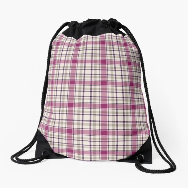 Magenta and gray plaid drawstring bag