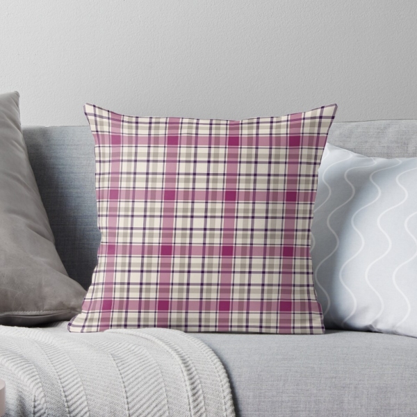 Magenta and gray plaid throw pillow