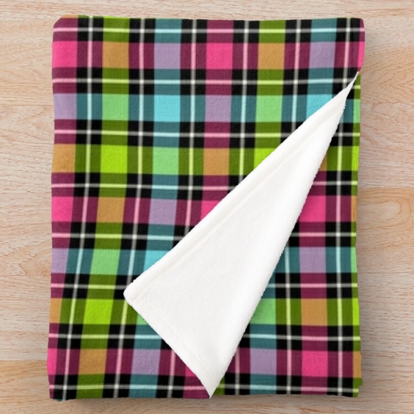 Neon checkered plaid fleece throw blanket